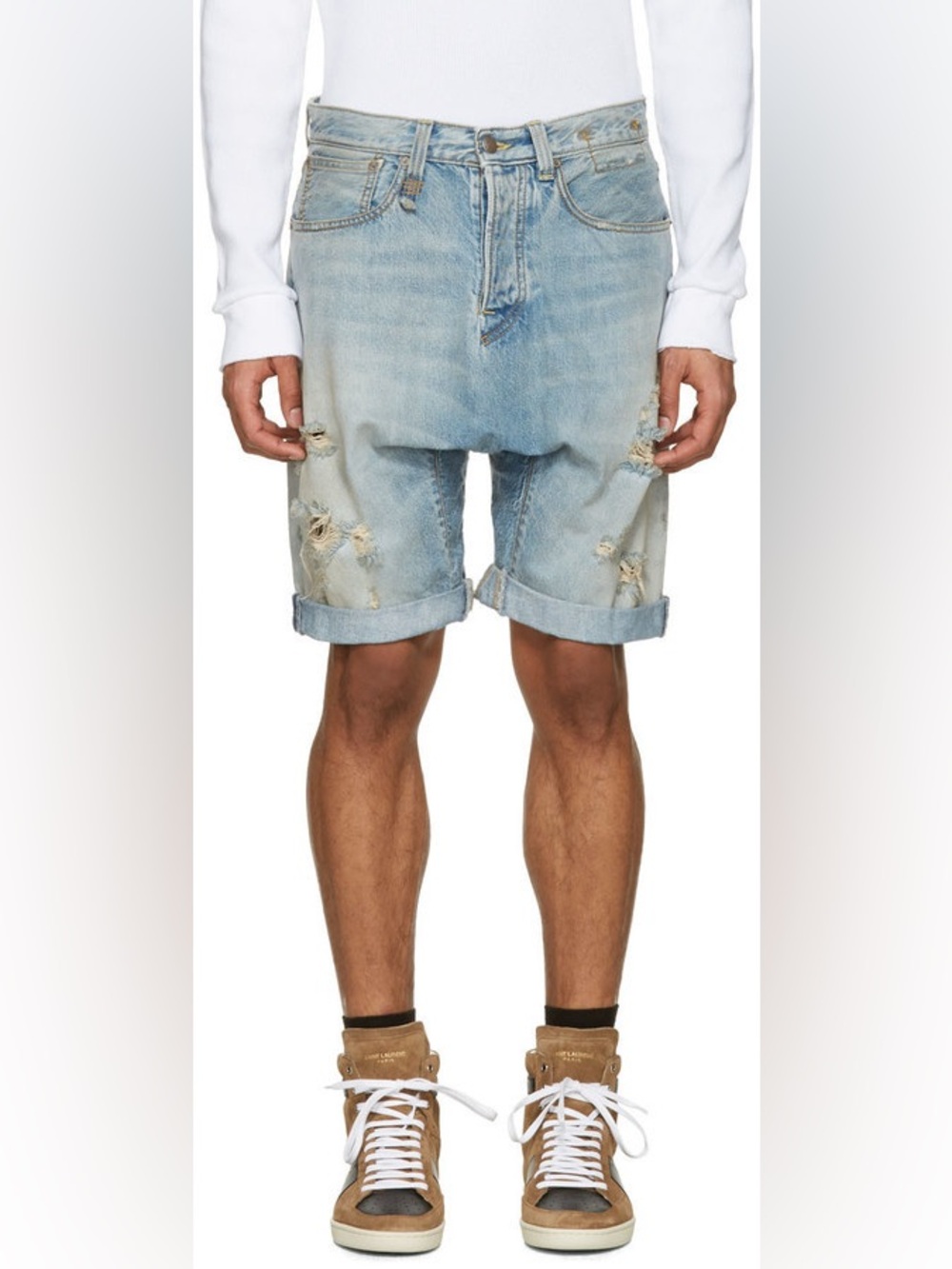 R13 Blue Denim Ian Shorts in stlvin rip